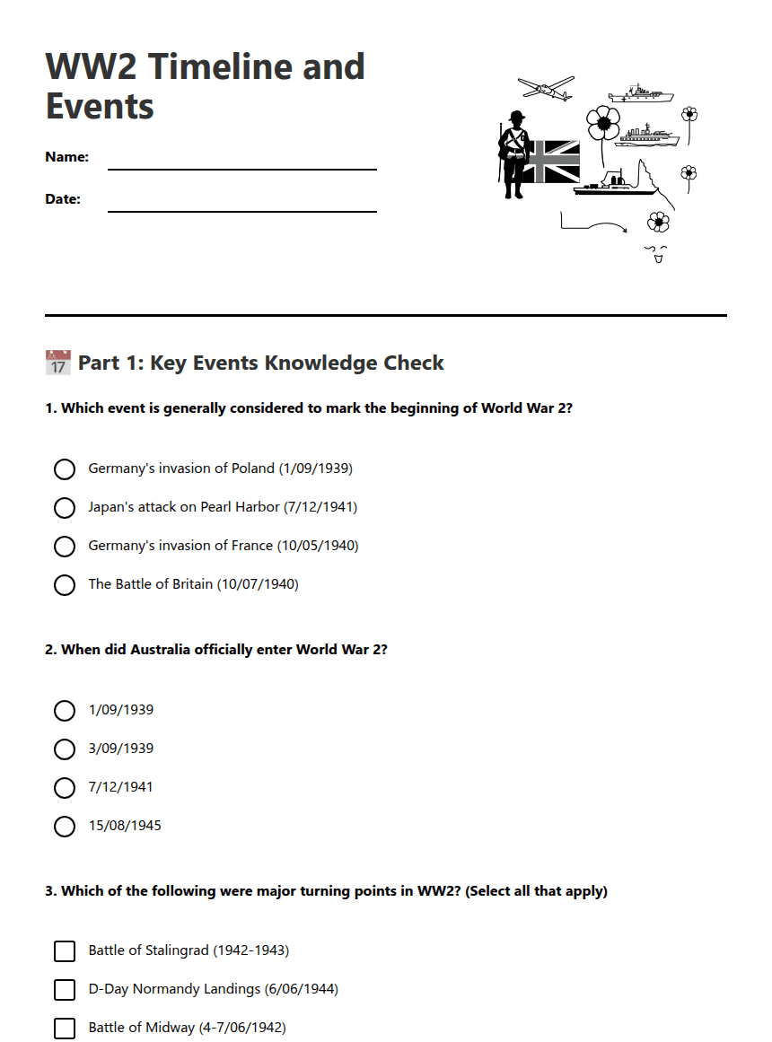 WW2 Timeline and Events worksheet preview
