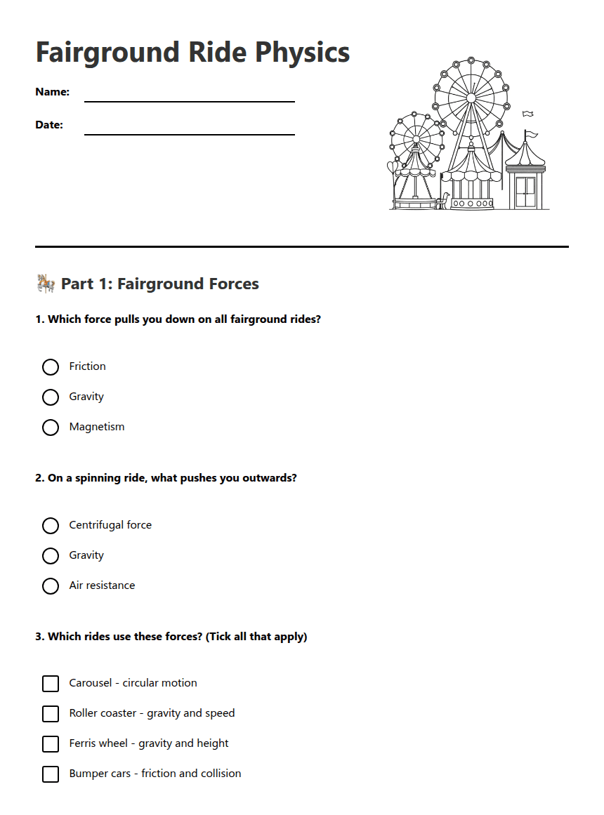 Fairground Ride Physics worksheet preview