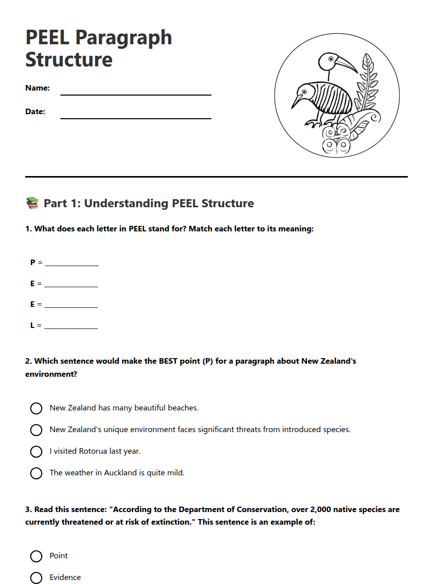 PEEL Paragraph Structure worksheet preview