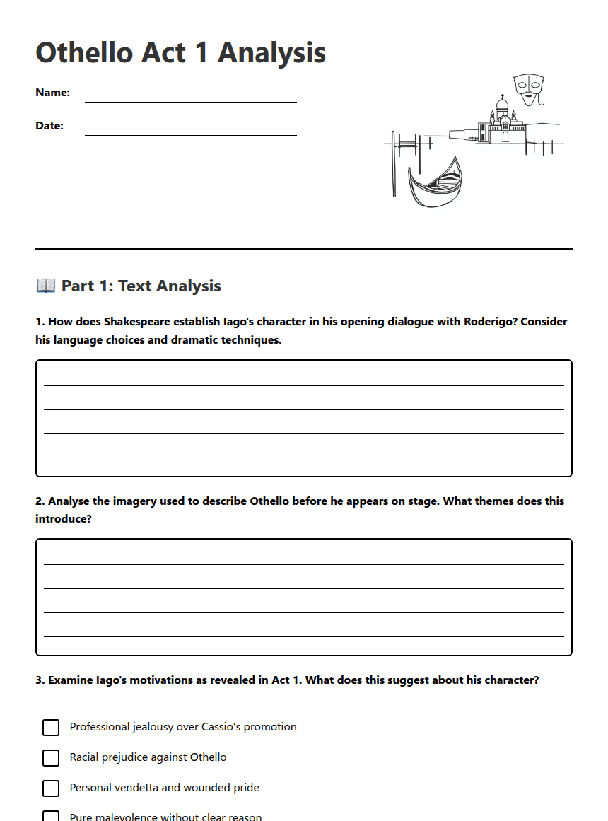 Othello Act 1 Analysis worksheet preview