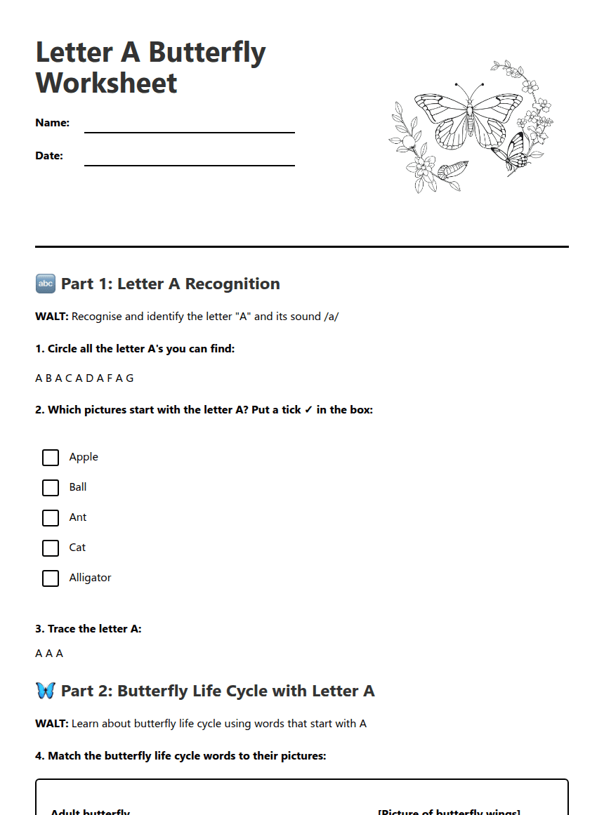 Letter A Butterfly Worksheet worksheet preview