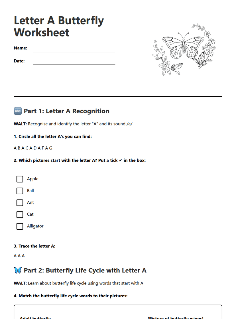 Letter A Butterfly Worksheet