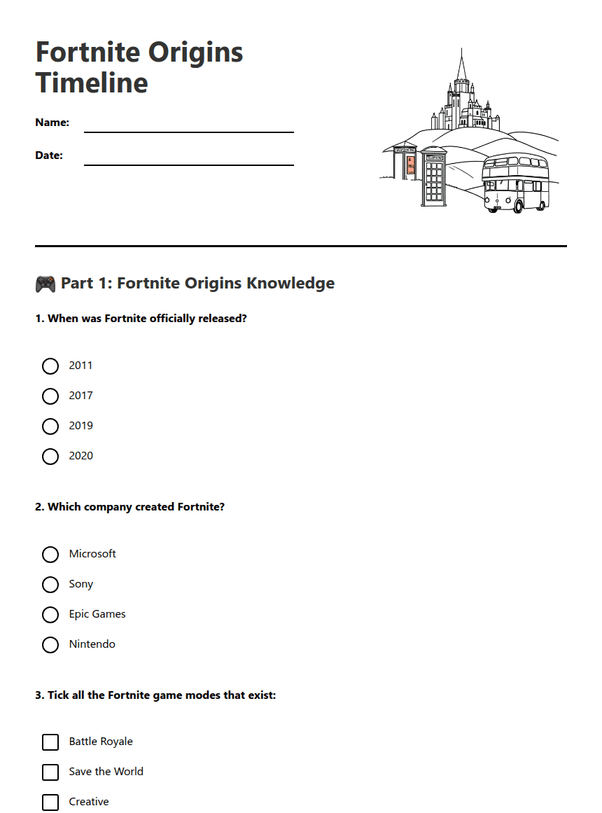 Fortnite Origins Timeline worksheet preview