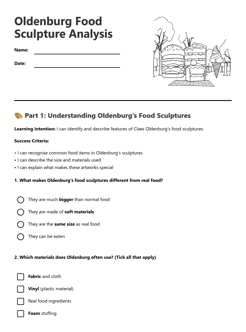 Oldenburg Food Sculpture Analysis worksheet preview