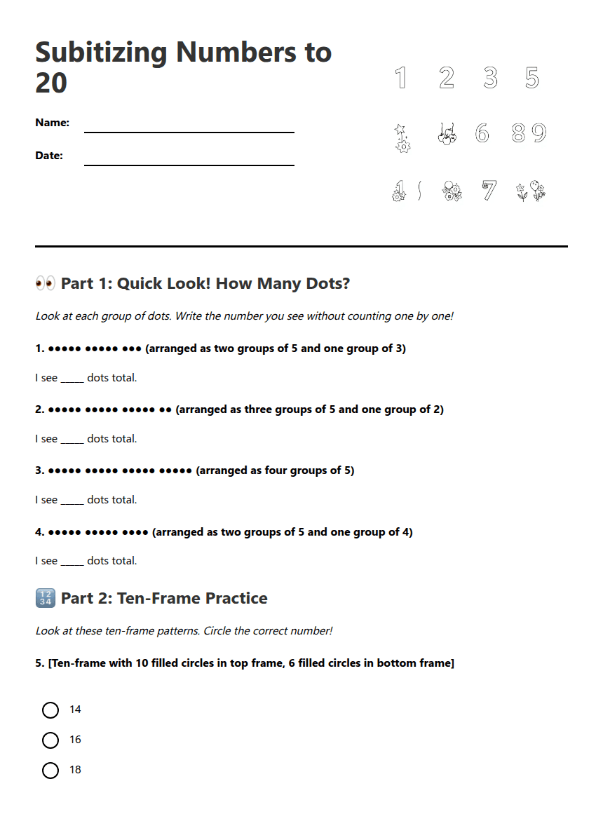 Subitizing Numbers to 20 worksheet preview