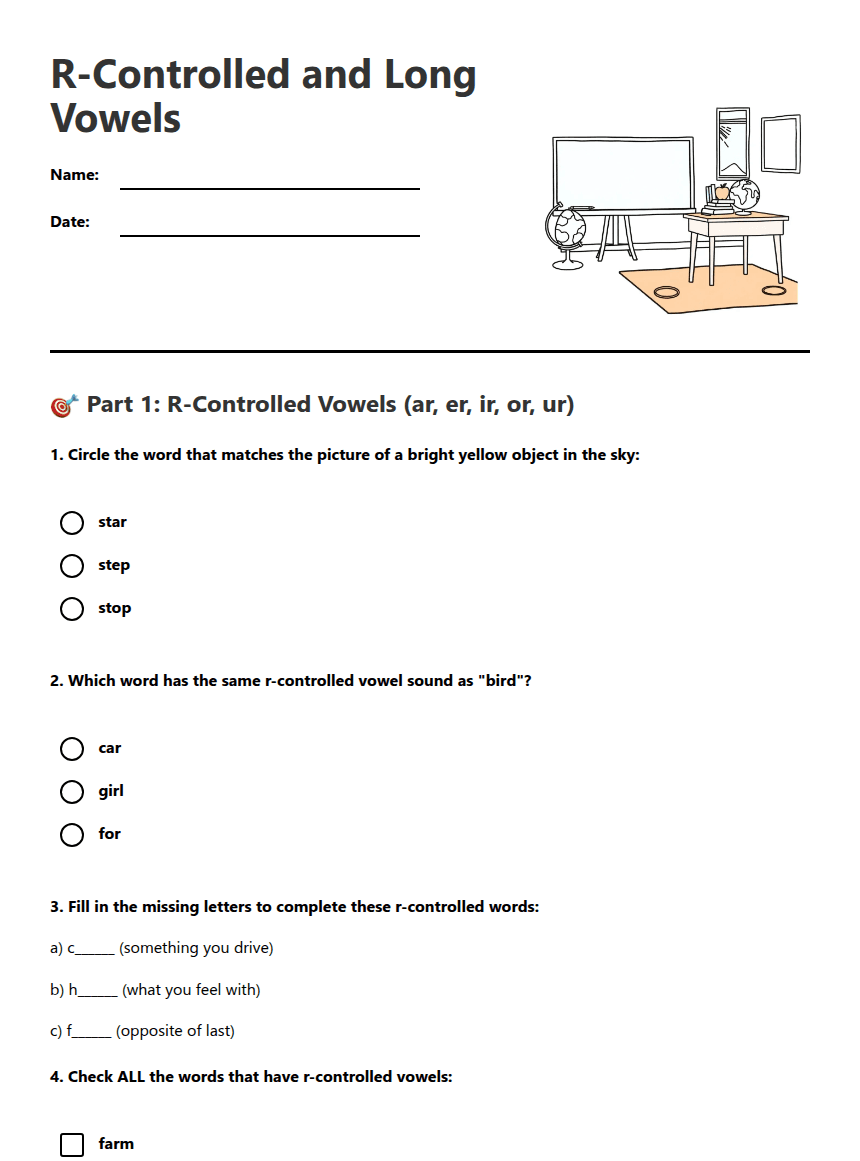 R-Controlled and Long Vowels worksheet preview