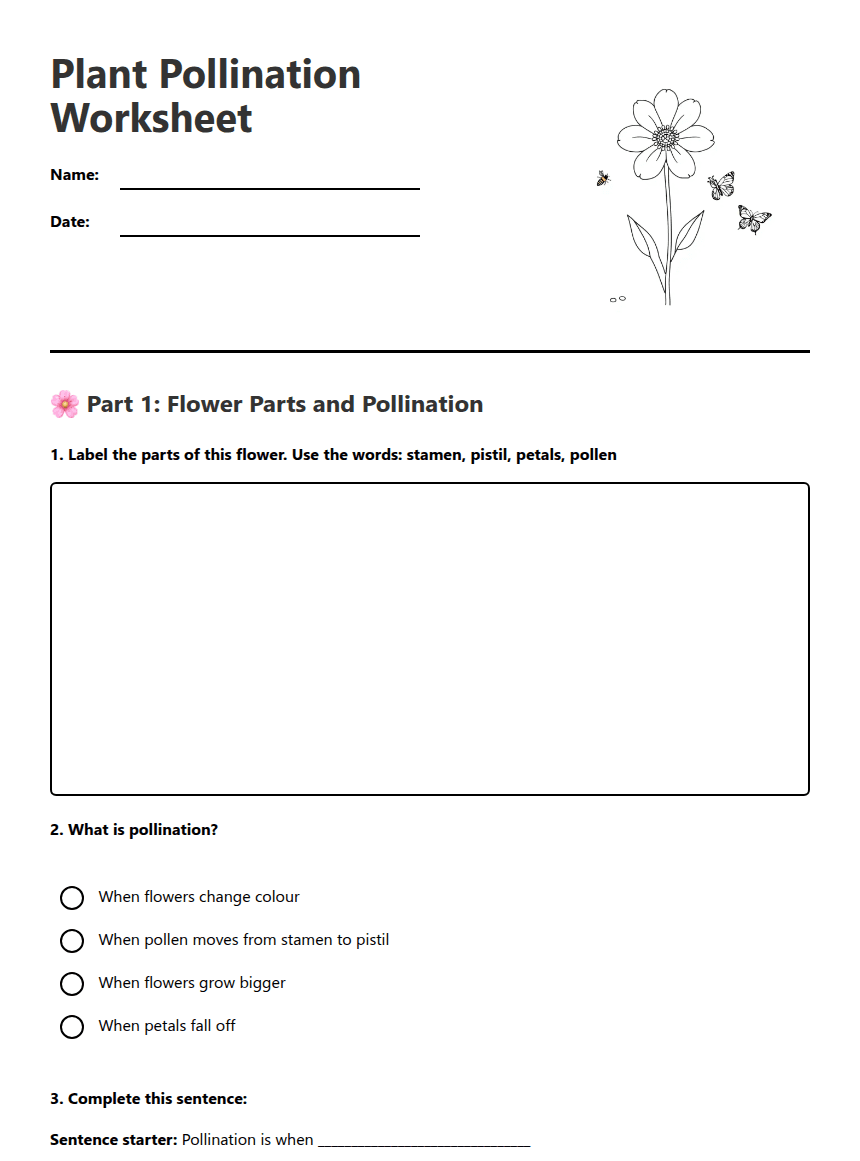 Plant Pollination Worksheet worksheet preview