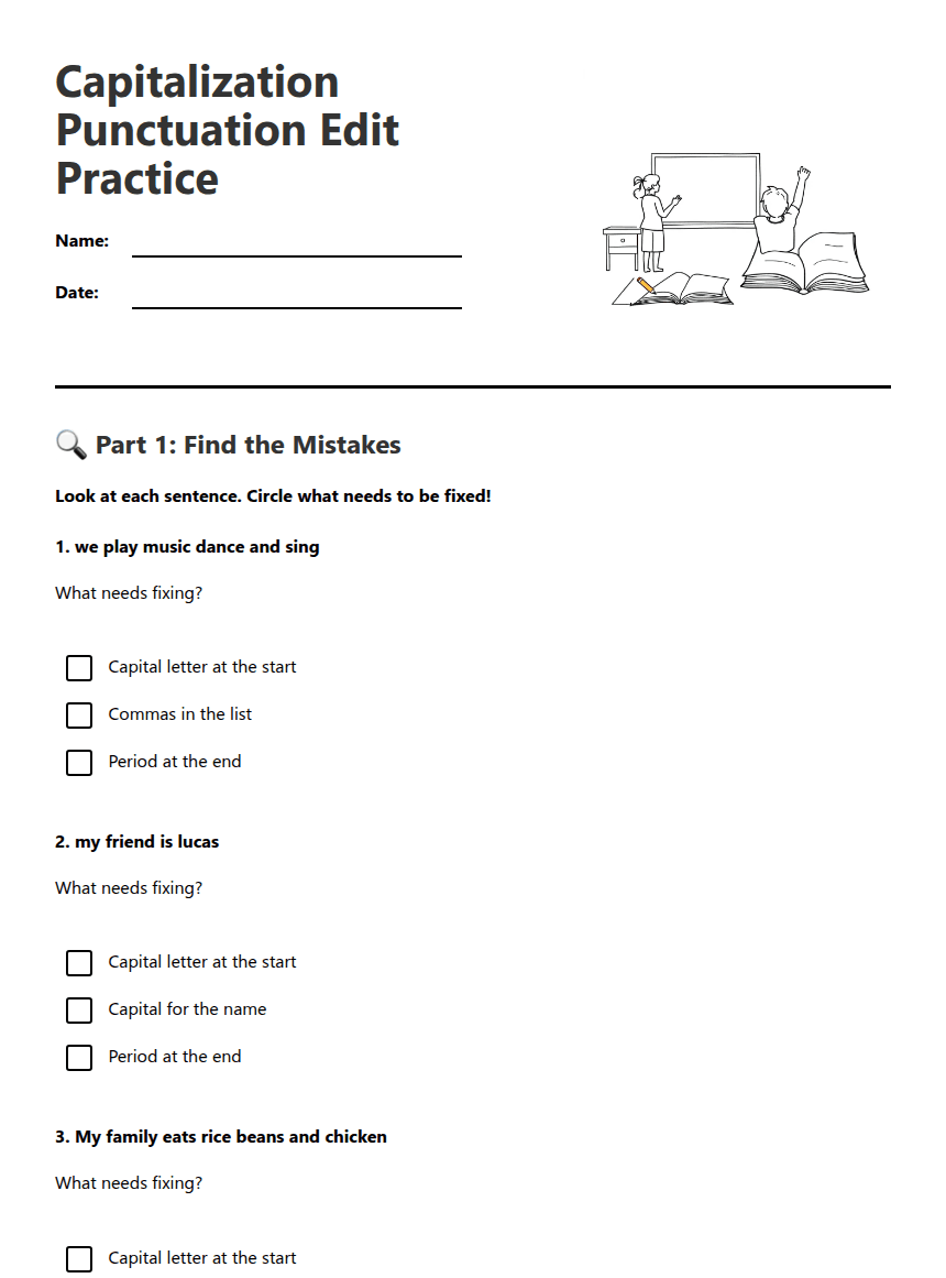 Capitalization Punctuation Edit Practice worksheet preview