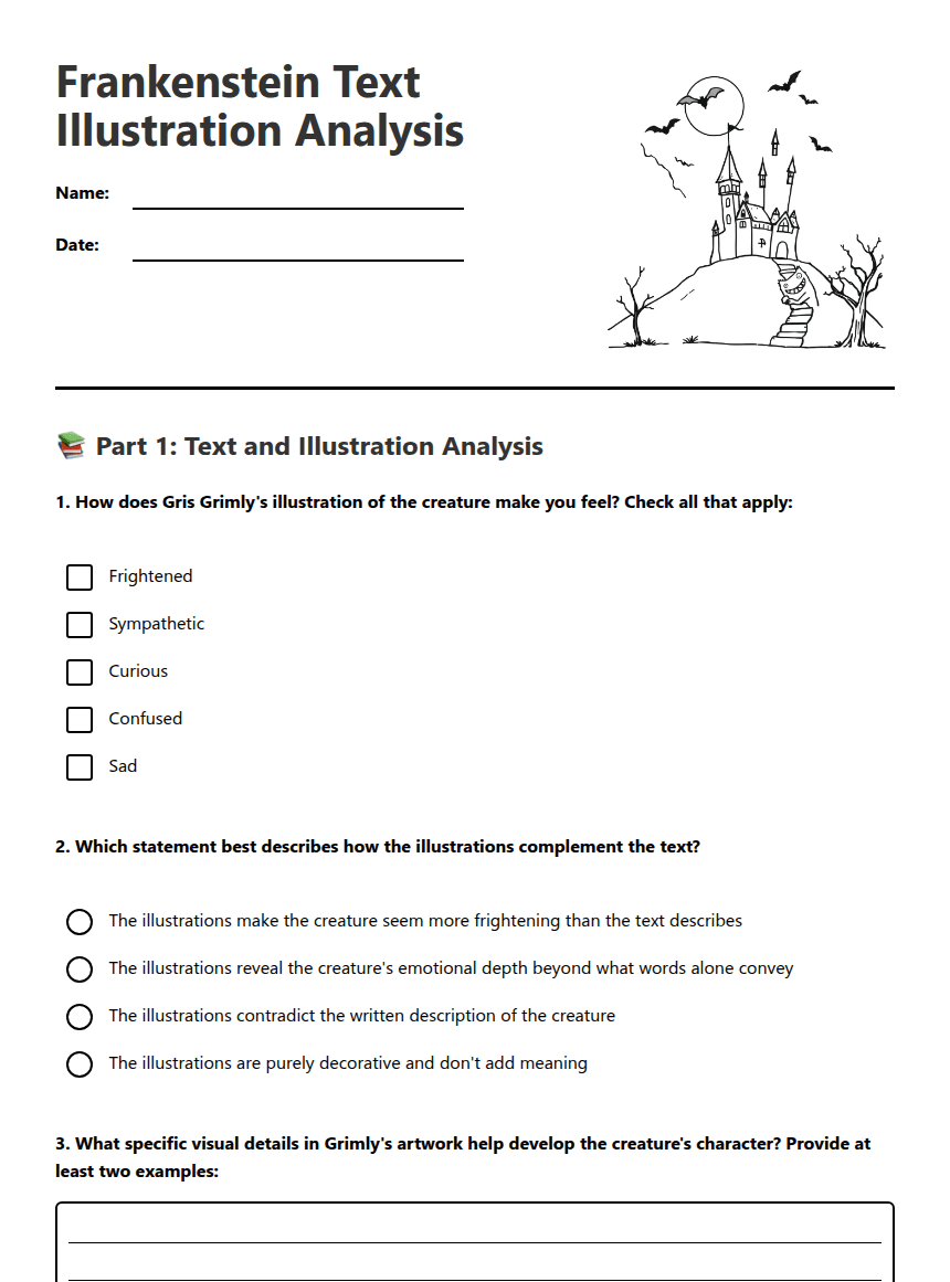 Frankenstein Text Illustration Analysis worksheet preview