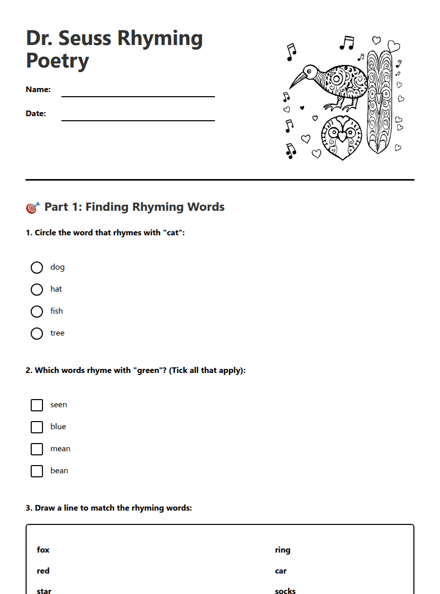 Dr. Seuss Rhyming Poetry worksheet preview