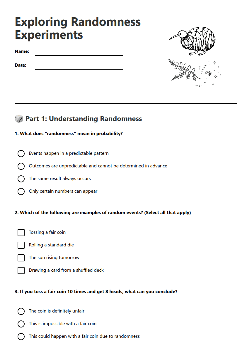 Exploring Randomness Experiments worksheet preview