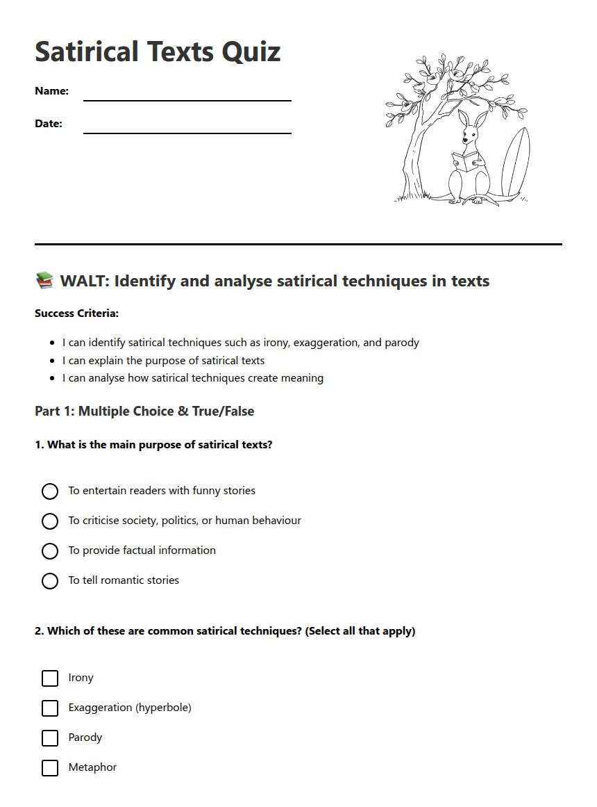 Satirical Texts Quiz worksheet preview