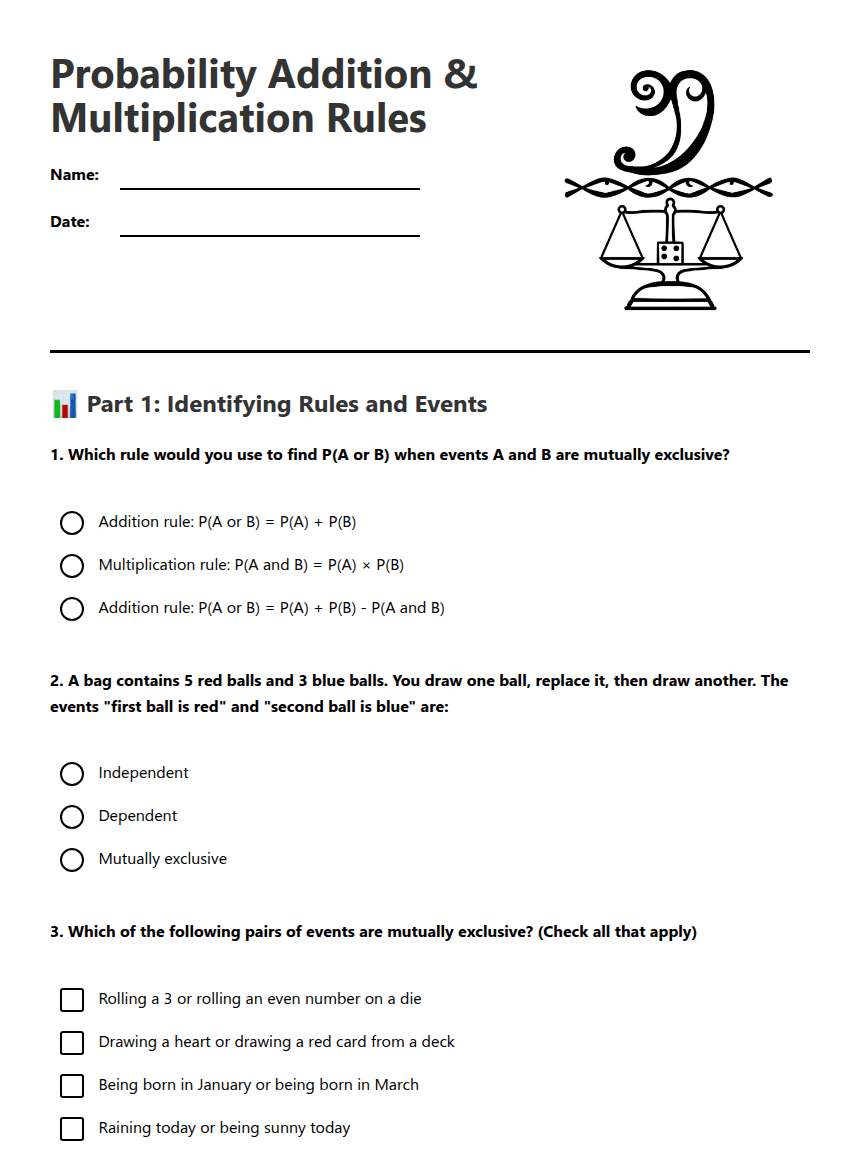 Probability Addition Multiplication Rules worksheet preview
