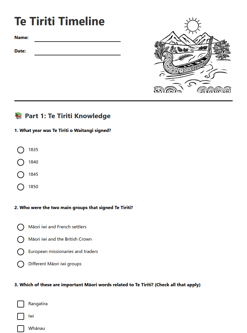 Te Tiriti Timeline worksheet preview