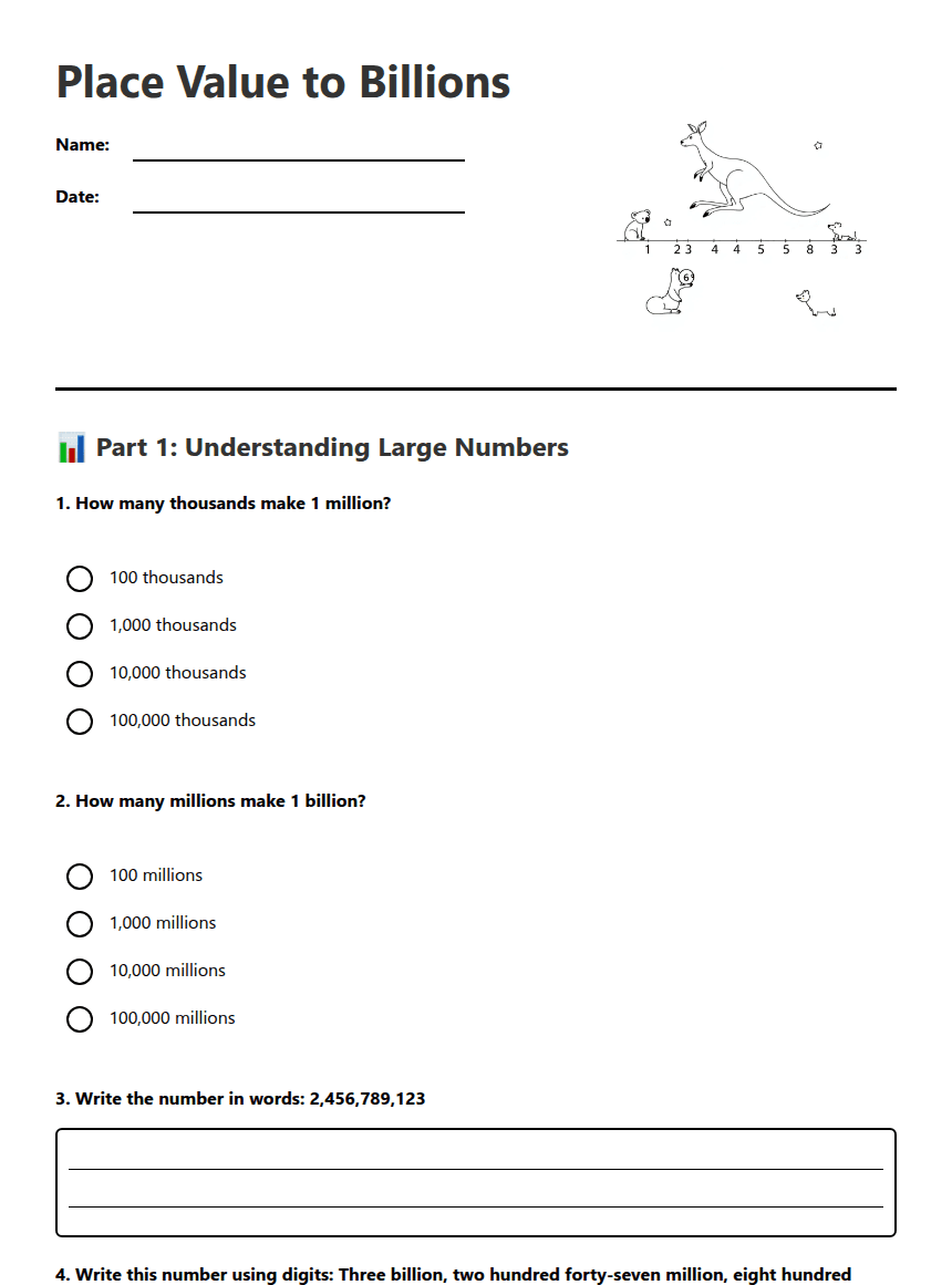 Place Value to Billions worksheet preview