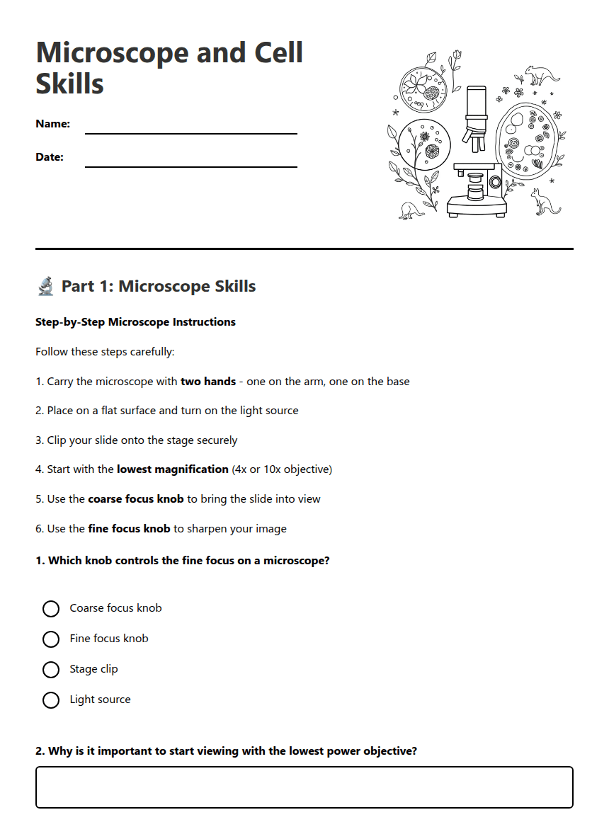 Microscope and Cell Skills worksheet preview