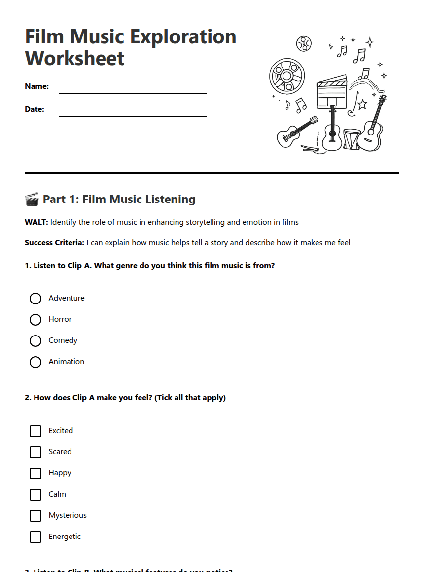 Film Music Exploration Worksheet worksheet preview