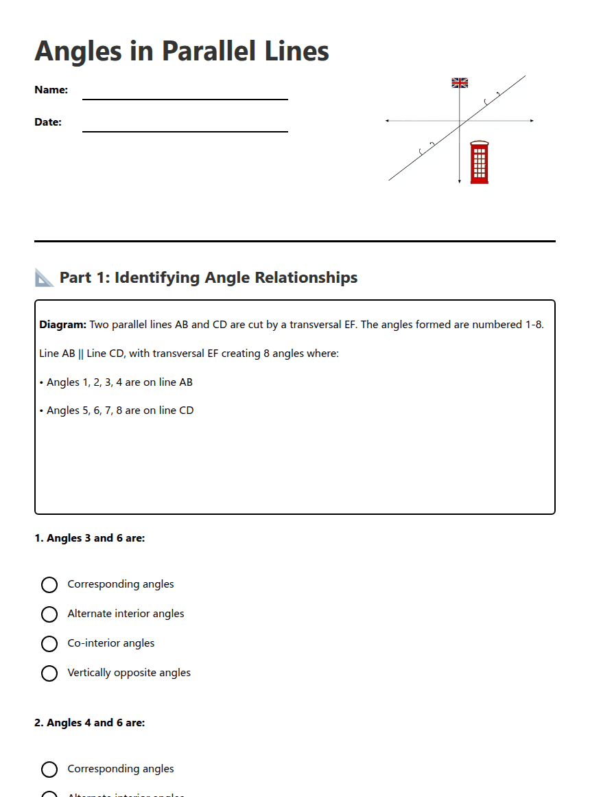 Angles in Parallel Lines worksheet preview