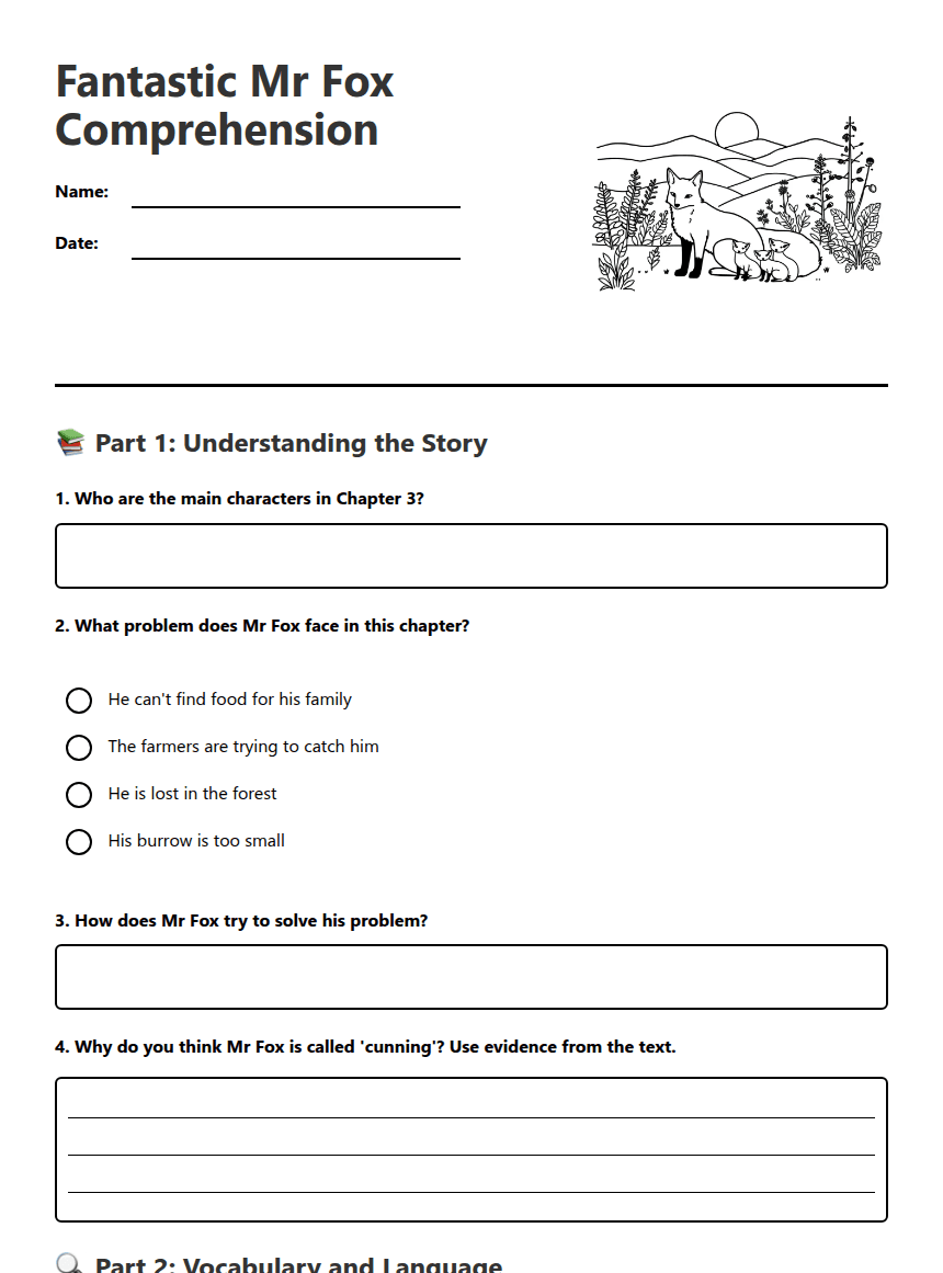 Fantastic Mr Fox Comprehension worksheet preview