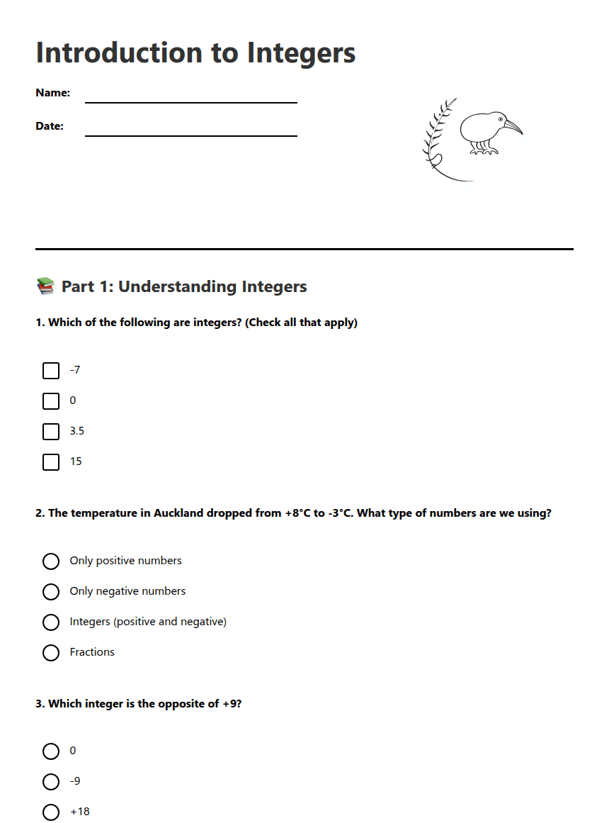 Introduction to Integers worksheet preview