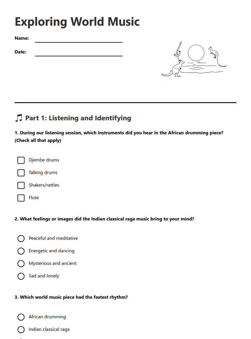 Exploring World Music worksheet preview