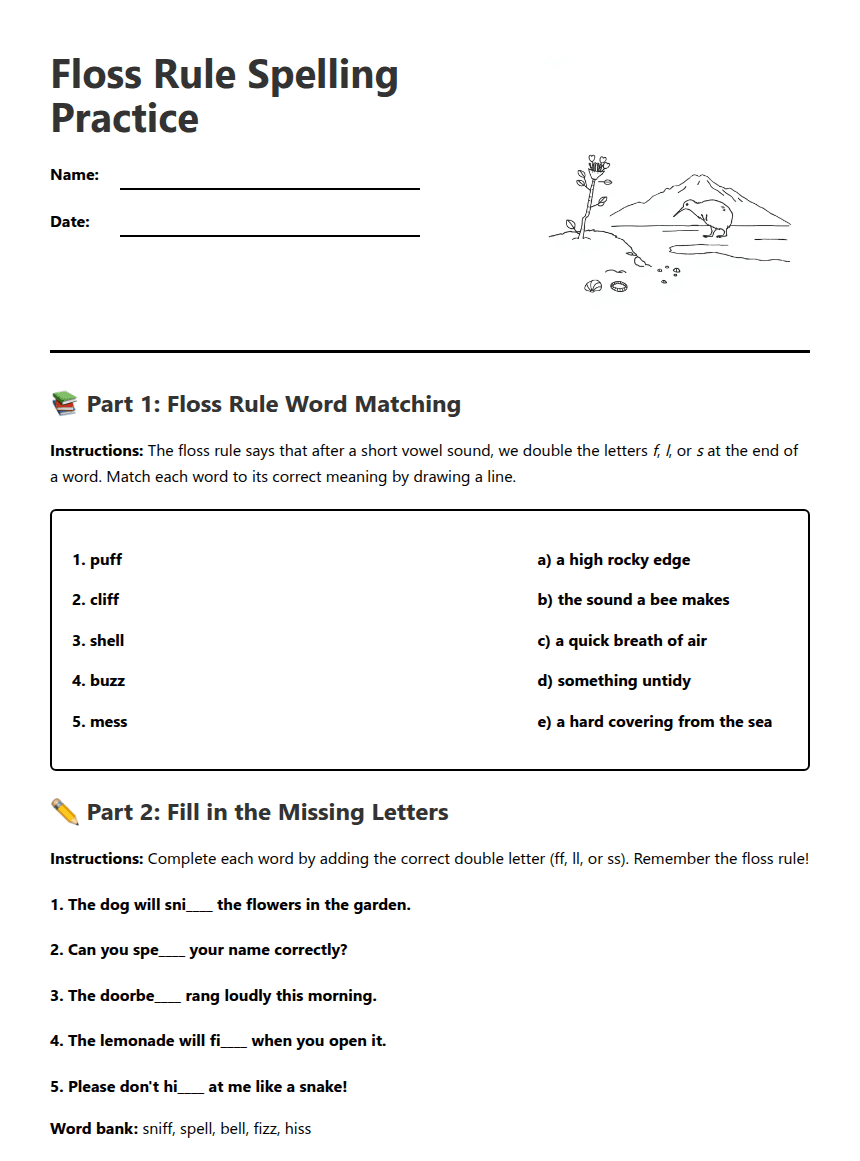 Floss Rule Spelling Practice worksheet preview