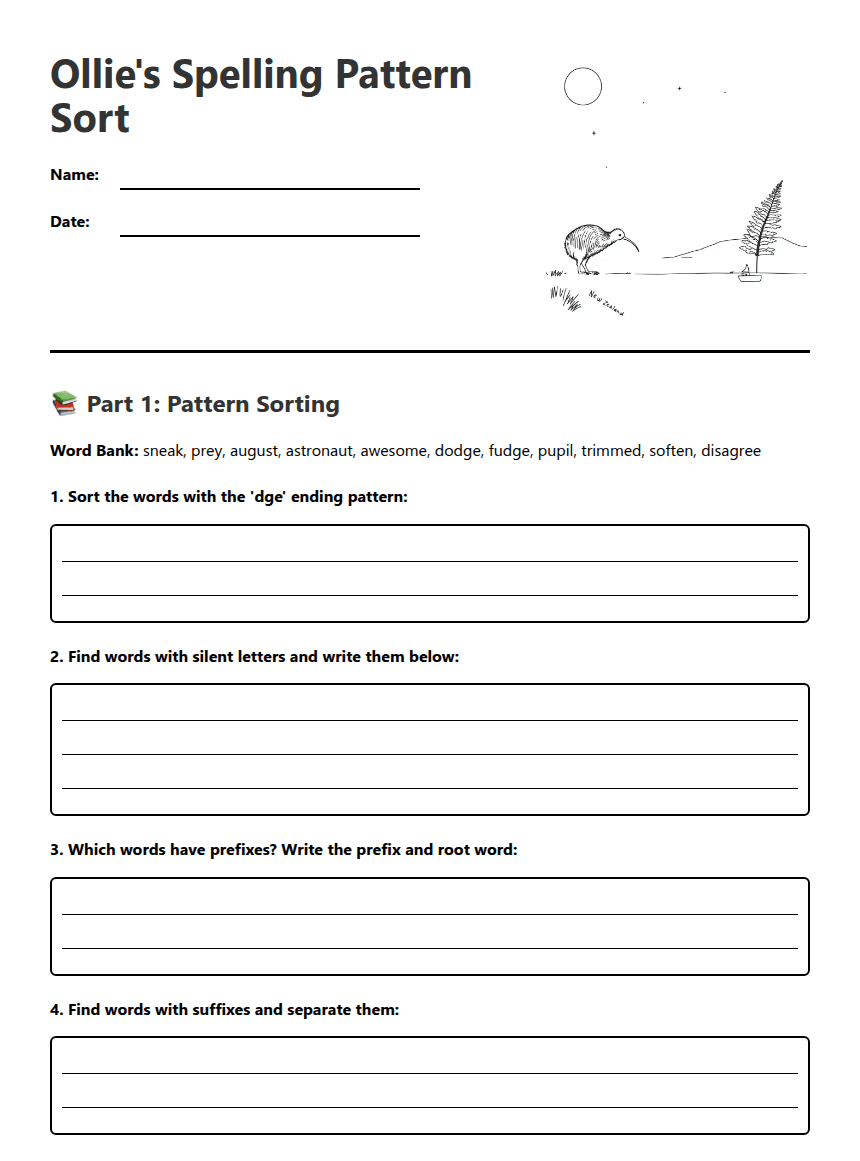 Ollie's Spelling Pattern Sort worksheet preview
