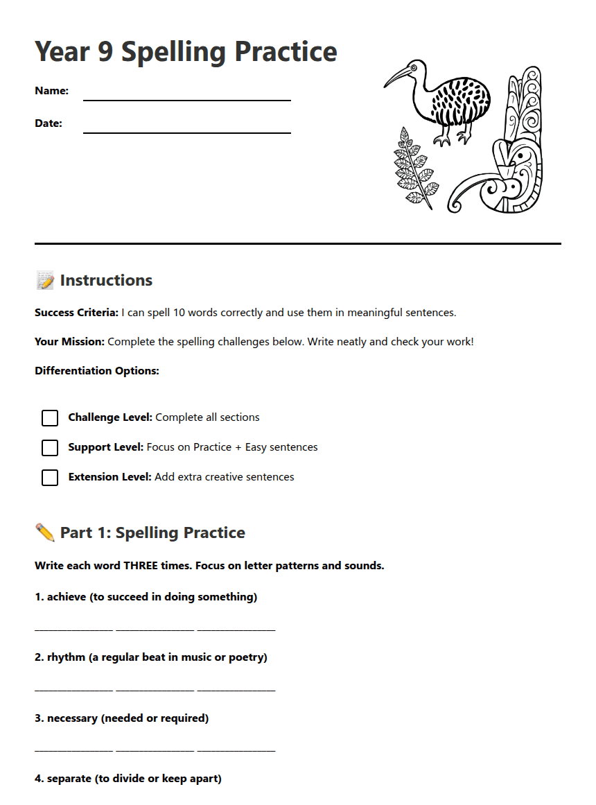 Year 9 Spelling Practice worksheet preview