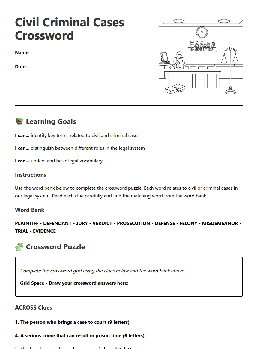 Civil Criminal Cases Crossword worksheet preview