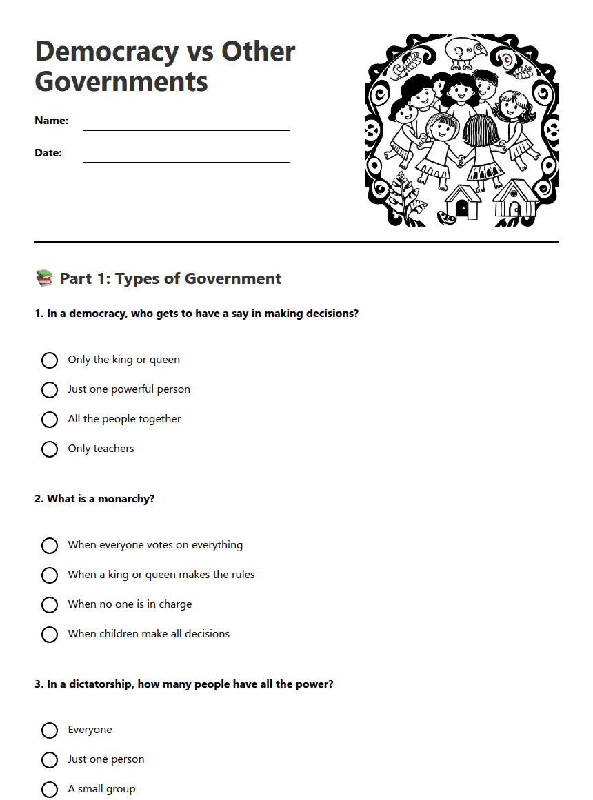 Democracy vs Other Governments worksheet preview