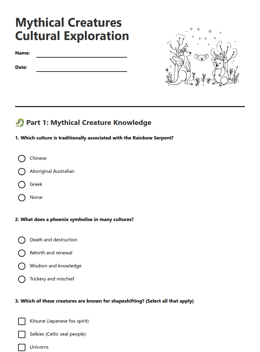 Mythical Creatures Cultural Exploration worksheet preview