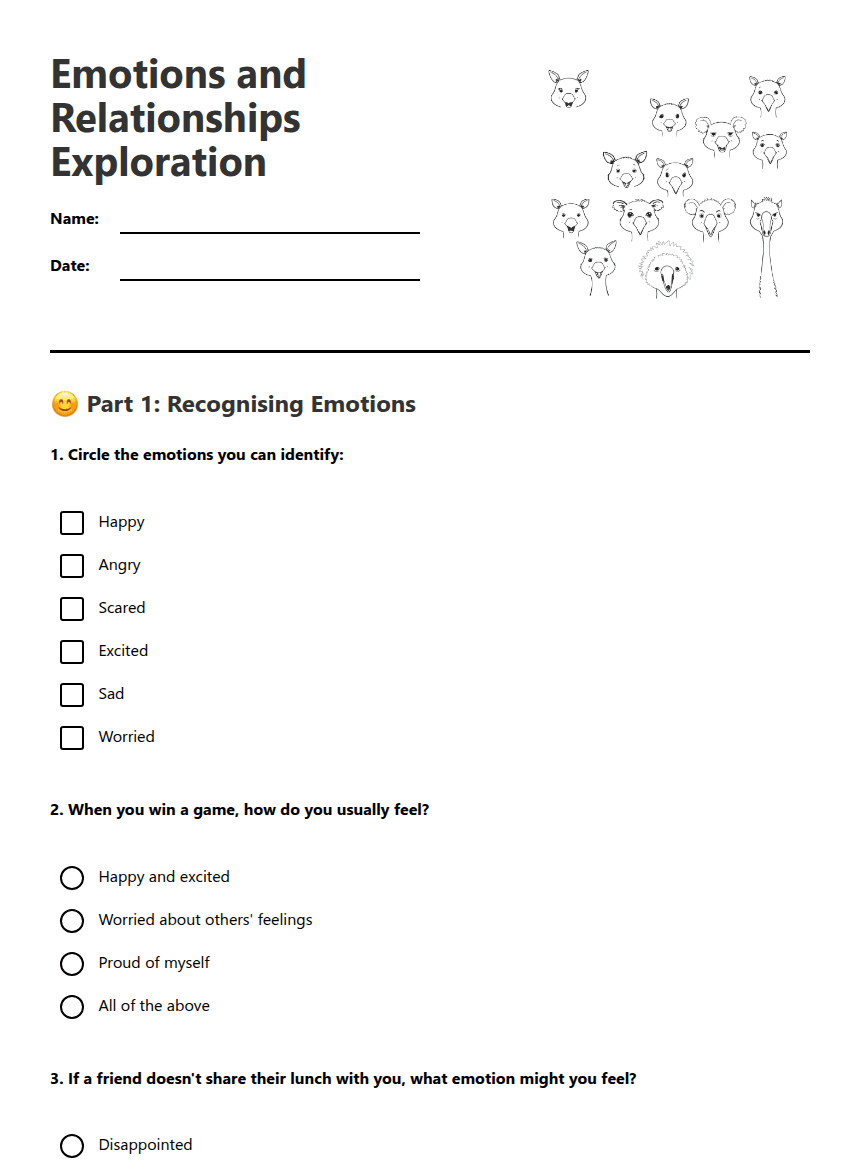 Emotions and Relationships Exploration worksheet preview