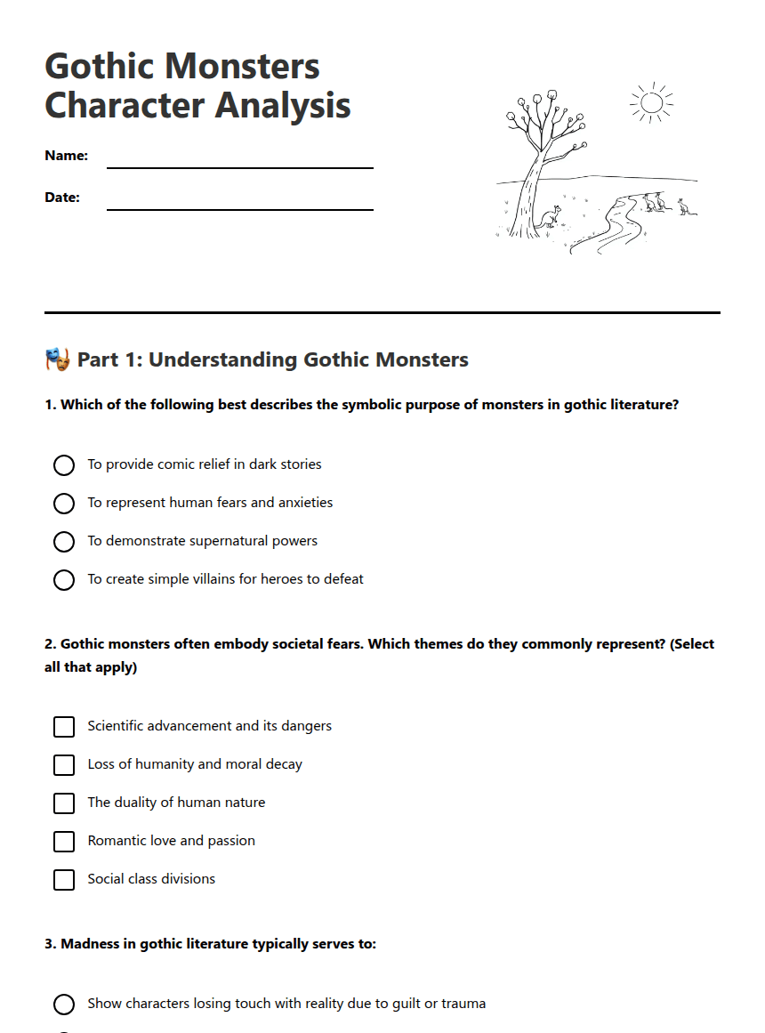 Gothic Monsters Character Analysis worksheet preview
