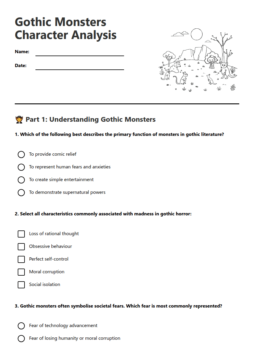 Gothic Monsters Character Analysis worksheet preview