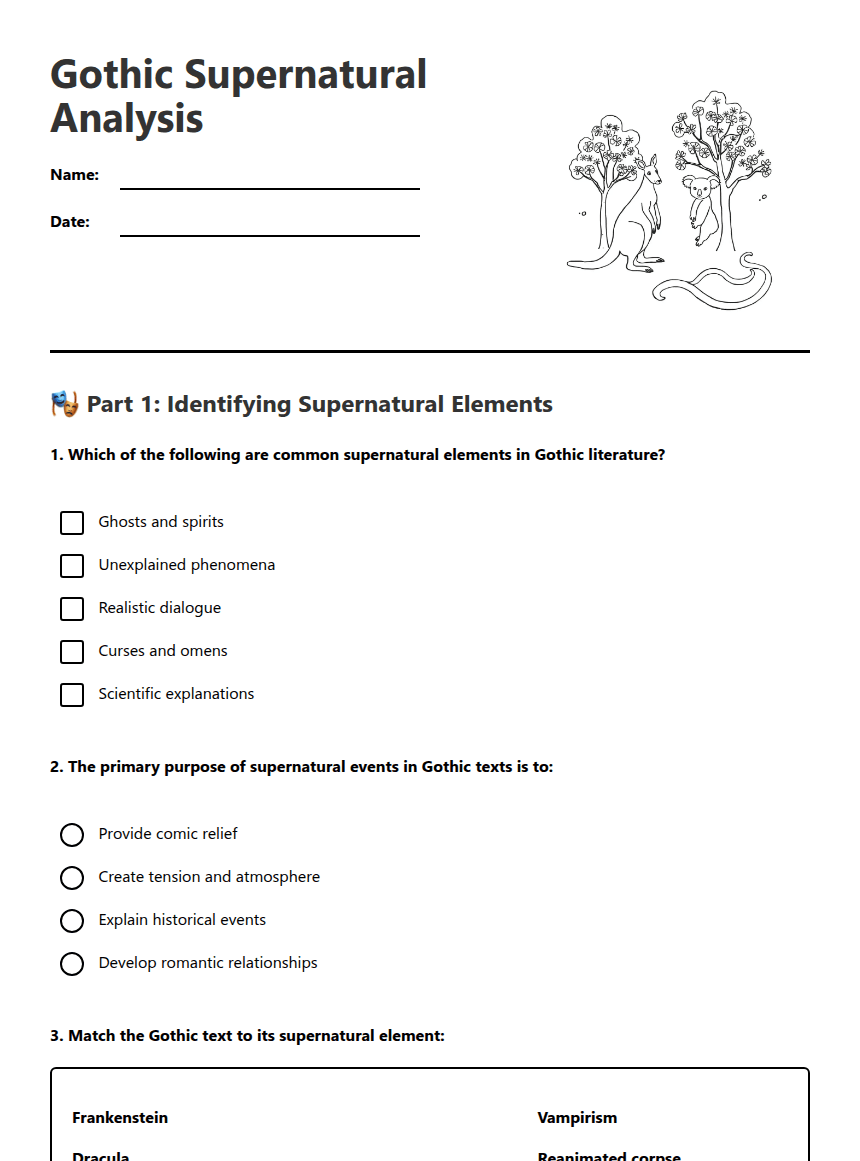 Gothic Supernatural Analysis worksheet preview