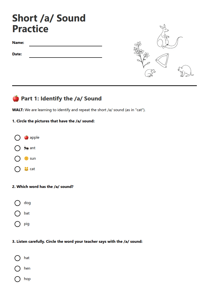 Short /a/ Sound Practice worksheet preview