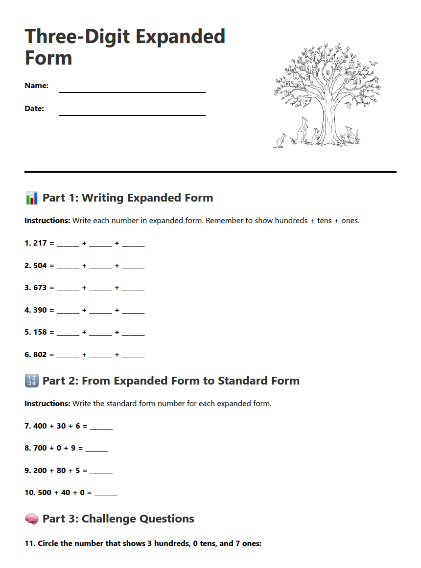 Three-Digit Expanded Form worksheet preview