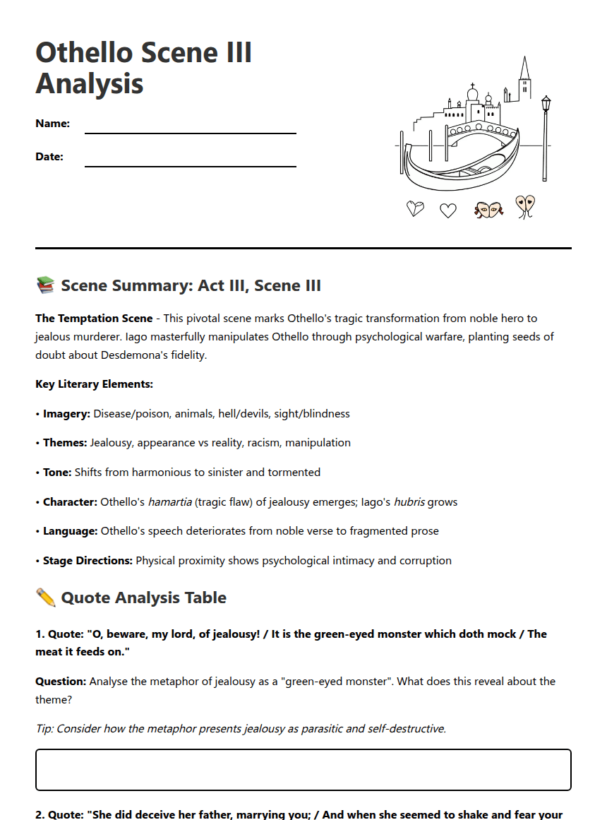 Othello Scene III Analysis worksheet preview