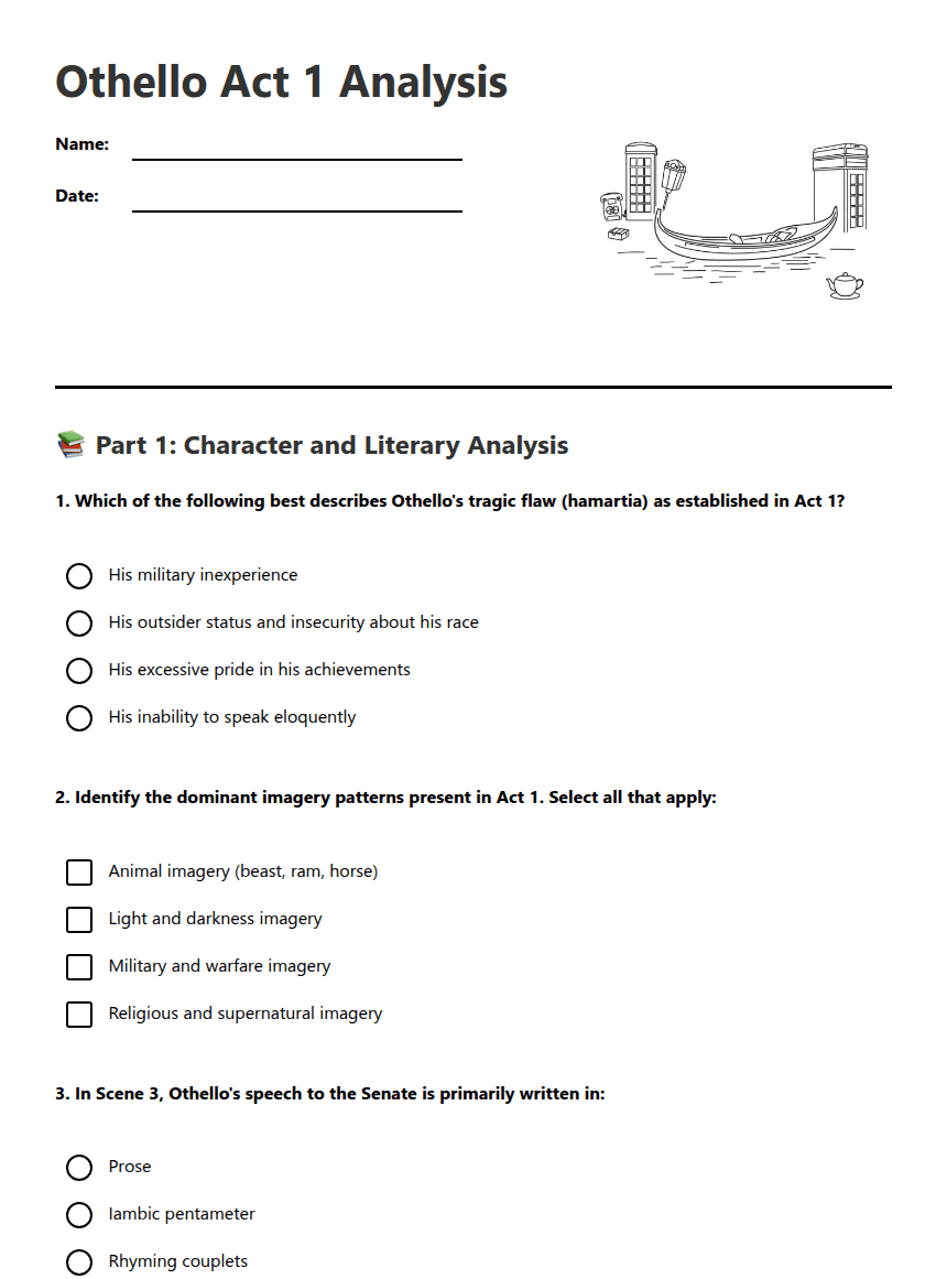 Othello Act 1 Analysis worksheet preview
