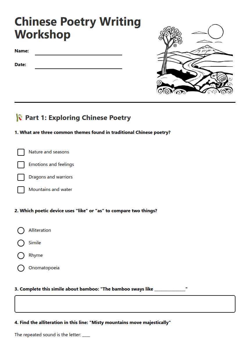Chinese Poetry Writing Workshop worksheet preview