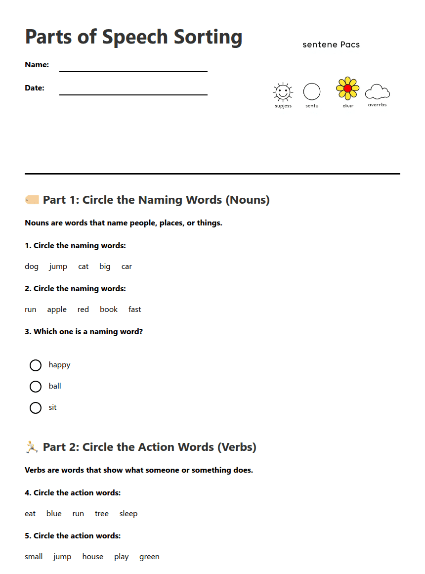 Parts of Speech Sorting worksheet preview