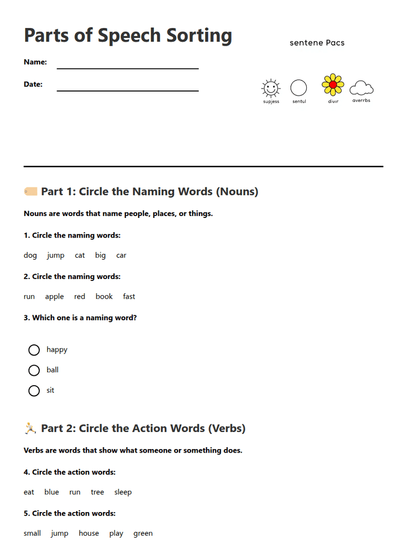 Parts of Speech Sorting