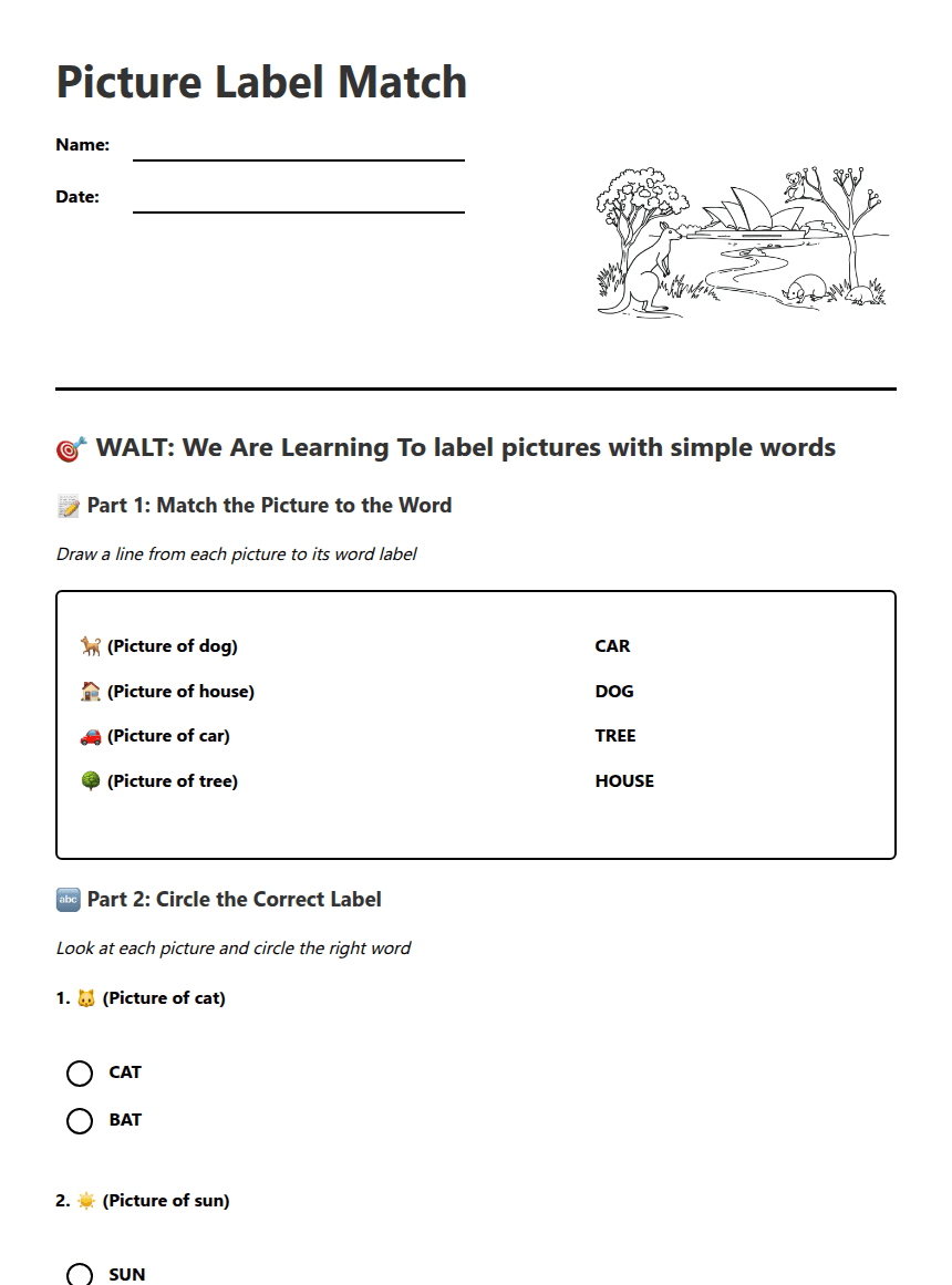Picture Label Match worksheet preview