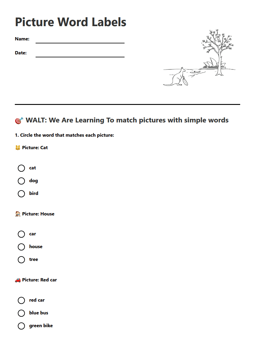 Picture Word Labels worksheet preview