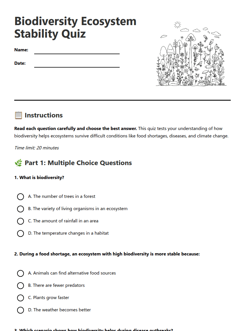 Biodiversity Ecosystem Stability Quiz worksheet preview