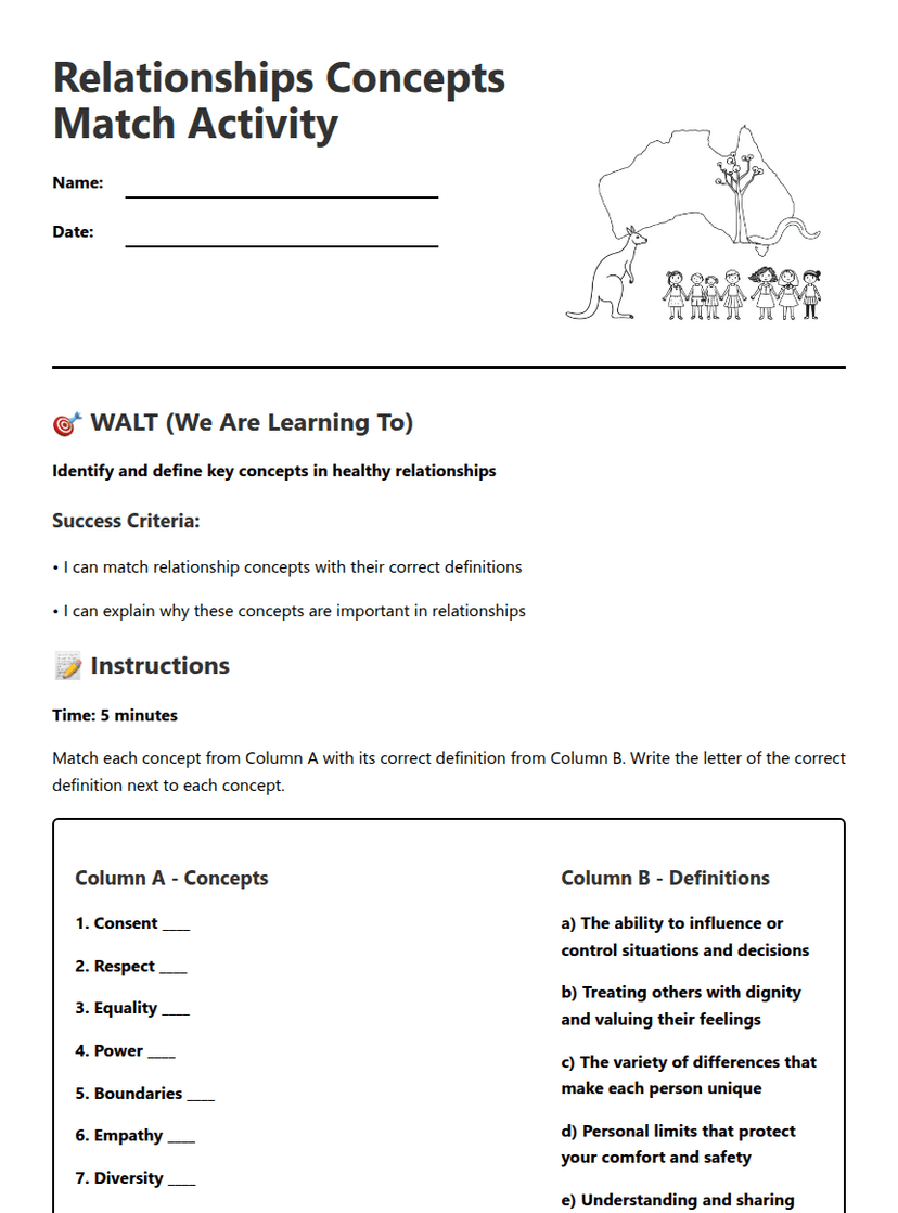 Relationships Key Words Match Activity
