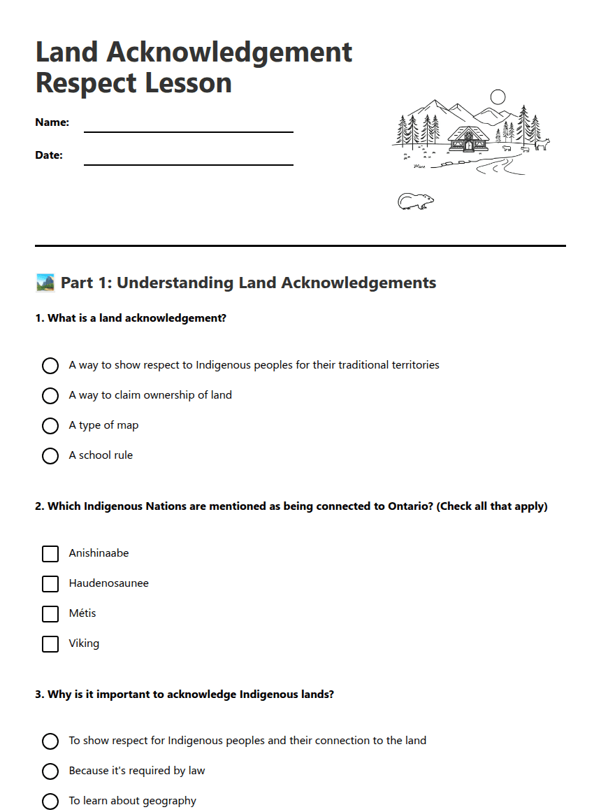 Land Acknowledgement Respect Lesson worksheet preview