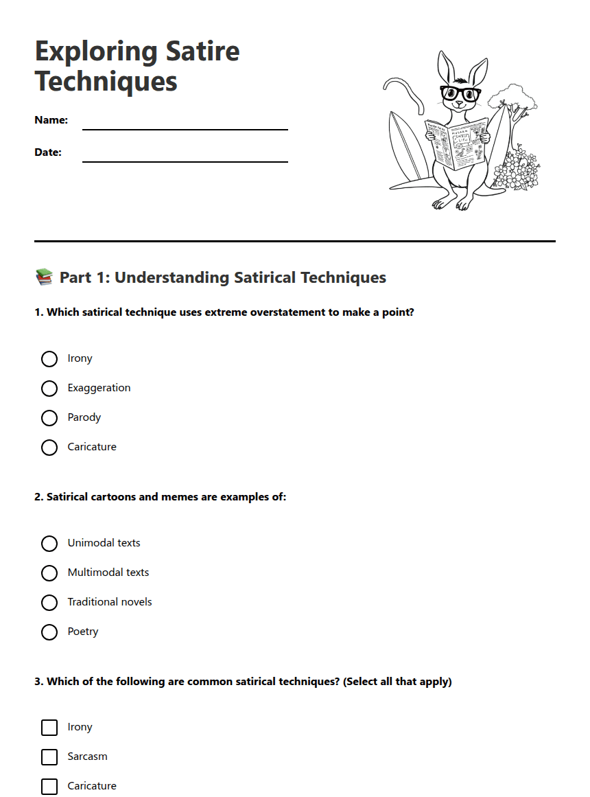 Exploring Satire Techniques worksheet preview