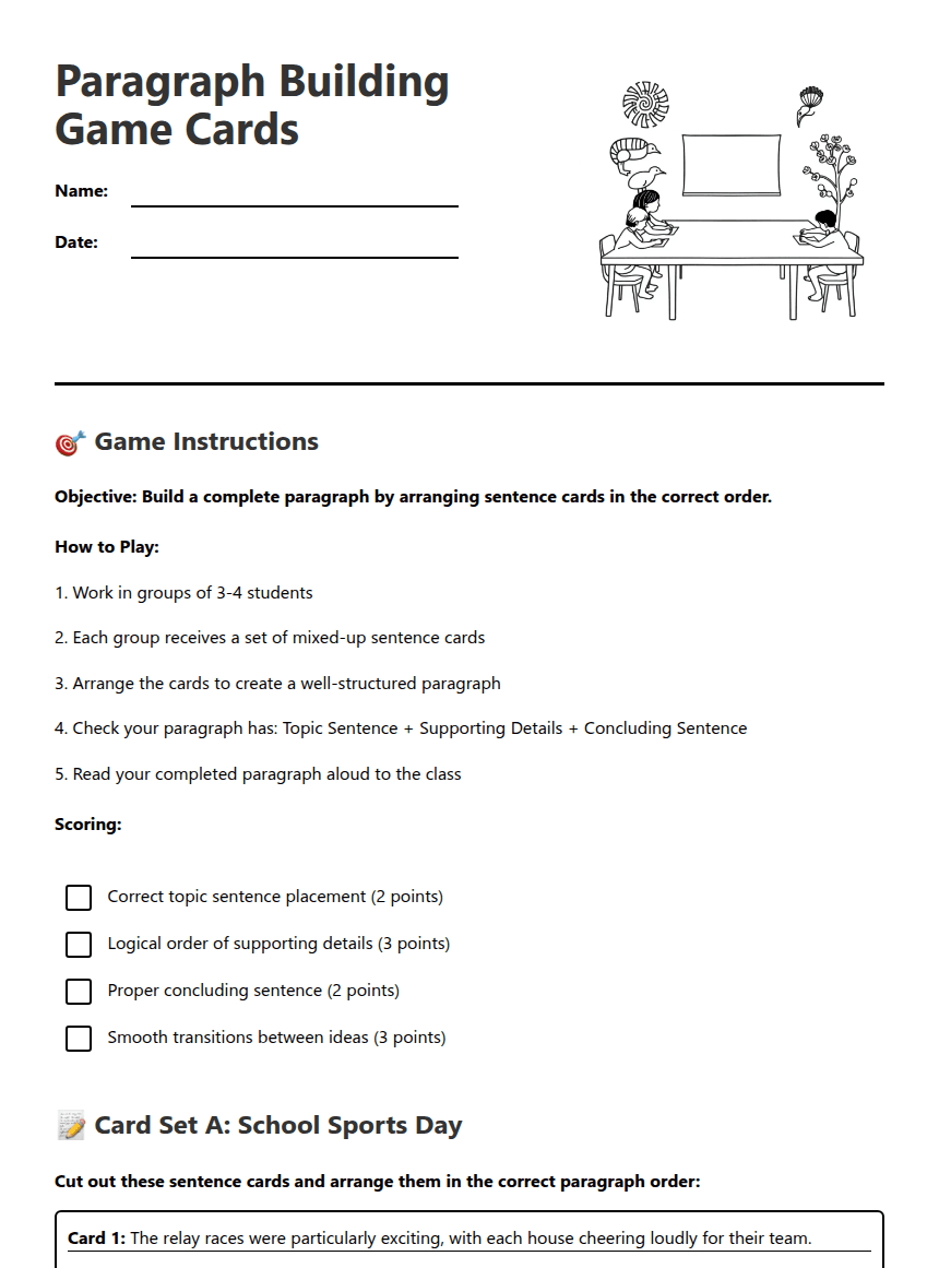 Paragraph Building Game Cards worksheet preview