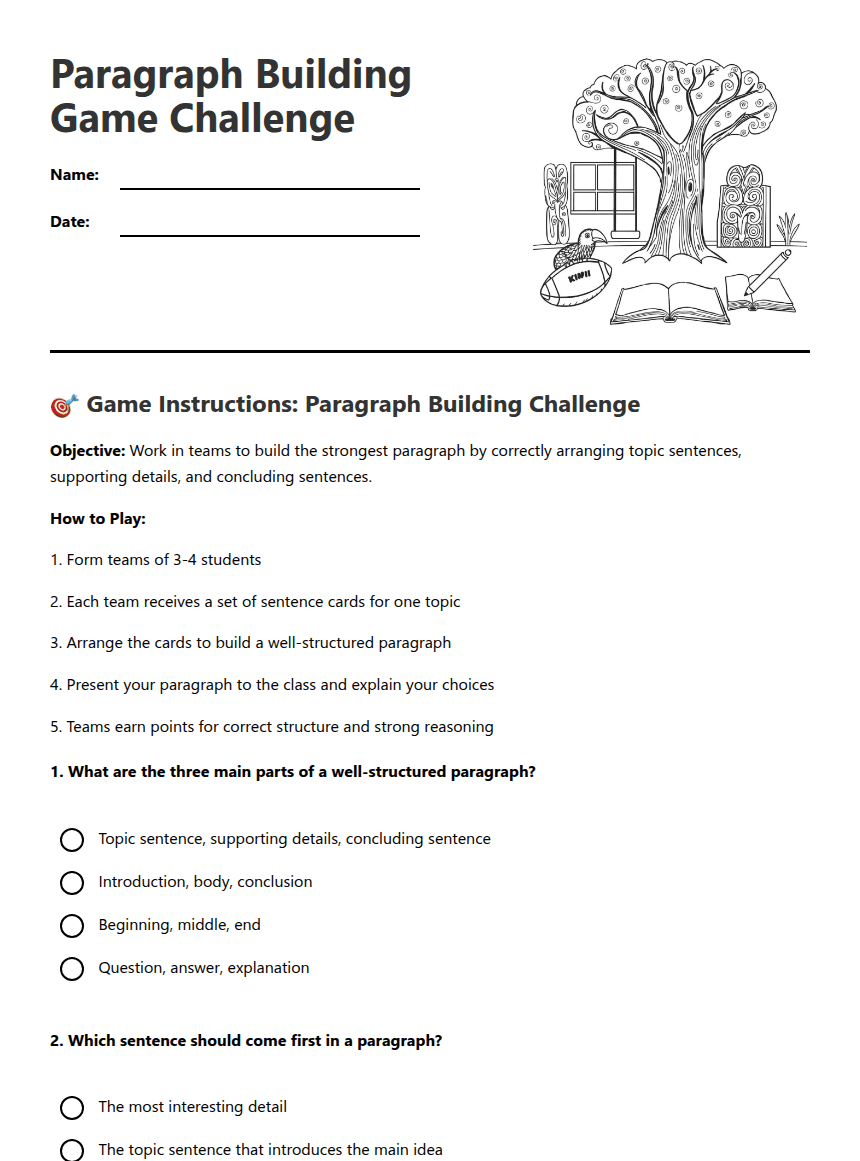 Paragraph Building Game Challenge worksheet preview